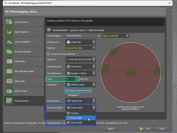 Area restriction: Example: if you want to acquire only in the middle, or only in the outside (e.g. various cell confluence in different parts of the well)