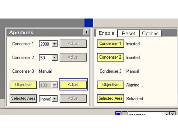 Select "Adjust" on the aperture tab, and center the aperture using the Multifunction X and Multifunction Y wheels.