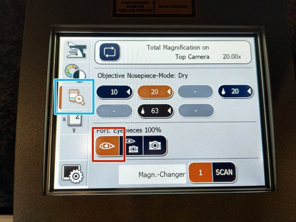 On the touch screen at the microscope stand choose the objective tab.