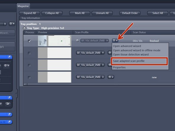 Here is best to first save your settings &quot;Save adapted scan profile&quot;, even when you want to make changes, as it is easy to click the incorrect setting and loose your work. Save your profile in the following directory (just copy-paste it):