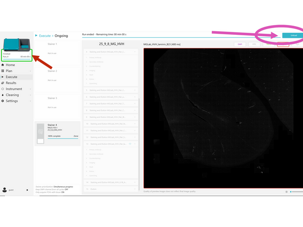 Close the pop-up. Preview images for completed protocols can be seen. Once the review of preview images is done, click UNLOAD.