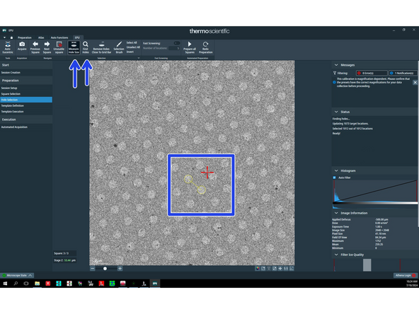 Click on 'Measure hole size'. Two yellow circles will appear. Adjust their size so that it matches the grid hole size and place the two yellow circles over neighboring holes. Click 'Find holes'.