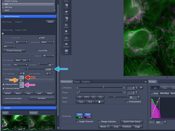 With the settings ''Proc. Sampling ''you can control: How the data is up-sampled before the iterative deconvolution is started (step 2 of the SIM2 processing).
