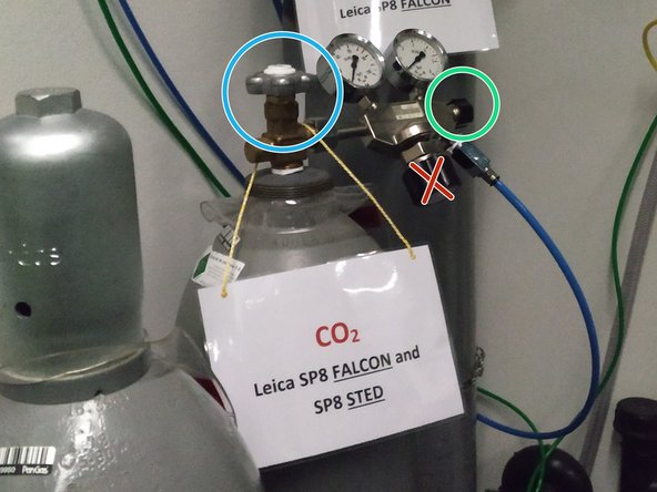 CO2 - Open the wall mounted distribution valves labeled &quot;SP8 Falcon&quot; or &quot;SP8 STED&quot; as needed.