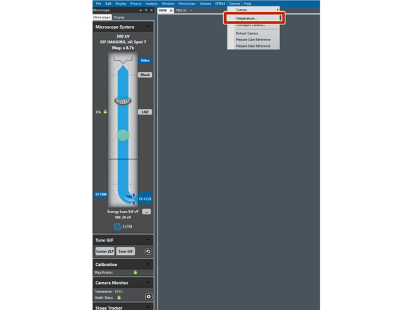 Click on the 'Temperature' option in the 'Camera' drop down menu that can be found in DigitalMicrograph (K3 computer).