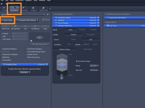 Open the &quot;Aquisition&quot; tab and press &quot;Smart Setup&quot;.