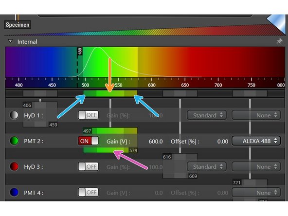 The detection range of each detector has to be defined individually for the corresponding dye. Take the displayed emission spectra as help.