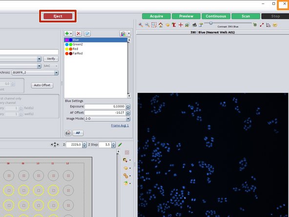 "Eject" and remove your sample. Click again on "Load" to close the microscope door.
