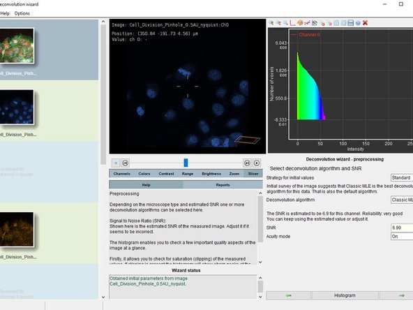 Huygens will compute and show the histogram as well as give information about the intensity distribution, such as the number of clipped/saturated voxels.