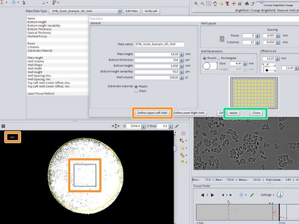 The easiest way to adjust the plate geometry is by zooming in (mouse wheel) and clicking into the very center of well A1 and then on "Define Upper Left Well".