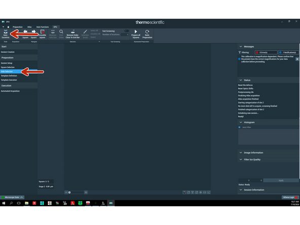 Go to 'Hole selection' and press 'Auto eucentric'.