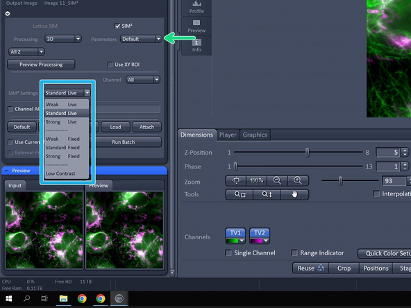 Note: The selected file has been automatically recognized as a Lattice SIM file in z-stack format and therefore for processing the option &quot;3D&quot; is automatically selected. If you have acquired your data in leap mode this will be automatically recognized by the software.