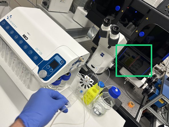 1. Attach blue connector to inlet (ChipShop catalog #1581 Tube Tuck Adapter Luer 1/16&quot;)