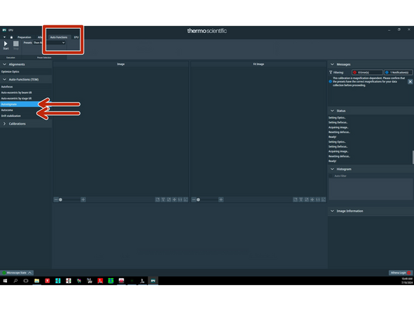 Go to 'Auto functions' tab and run first 'Autostigmate' routine and then 'Autocoma' routine.