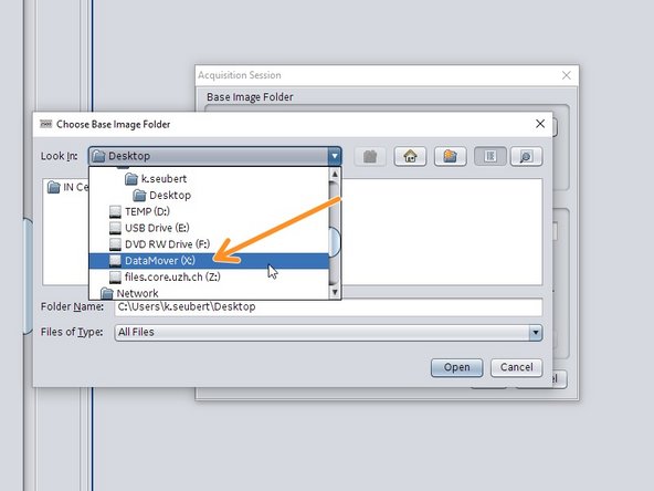 Specify a storage location for your image data. We recommend saving on DataMover (X:). You can later on move your data to the ZMB data network drive via the DataMover (see also the corresponding guide).