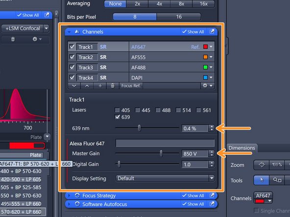 In the "Channels" box you can adjust the laser power, the diameter of the confocal pinhole as well as the detector master gain.