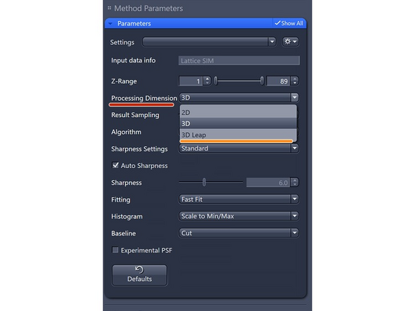 Processing Dimension: select 2D, 2D+, 3D or 3D Leap (auto for Leap data)