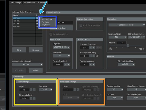 Define a &quot;z-stack&quot; by setting the number of planes and the spacing (&quot;Step width&quot;).