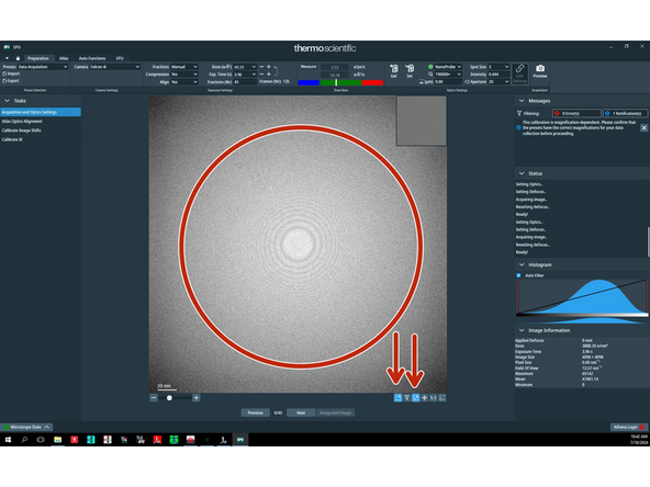 After clicking two buttons in the bottom part of the image you will see its FFT. The goal is to have as few Thon rings visible as possible, ideally none. For example, this image is heavily underfocused with many Thon rings.