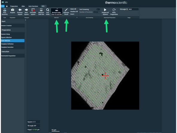 Measure hole size - please note that due to the stage tilt the hole appear oval rather than circular. The two yellow patterns adopt the oval shape accordingly.