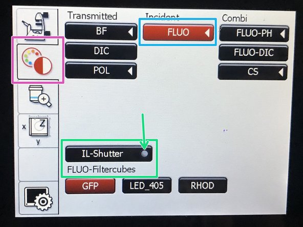 On the touch screen at the microscope stand choose the light path tab.