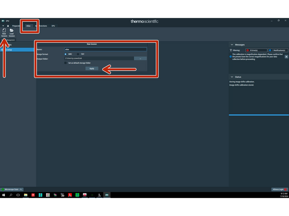 In 'Atlas' tab click 'Session setup' and 'New session', specify appropriate path and name of the storage folder and click 'Apply'.