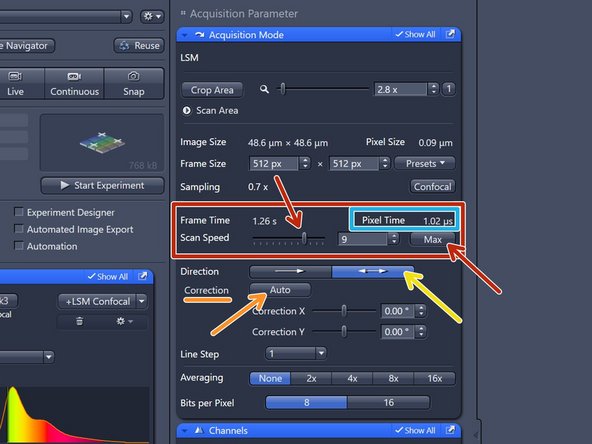 Change the "Scan Speed" by adjusting the slider or clicking "Max" (always uses fastest possible scan speed independent of changing zoom or frame size) (highlighted if active).