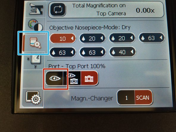 On the touch screen at the microscope stand choose the objective tab.
