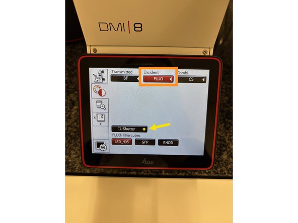 Click &quot;FLUO&quot; and choose an appropriate &quot;FLUO-Filtercube&quot; : e.g. &quot;GFP&quot;.