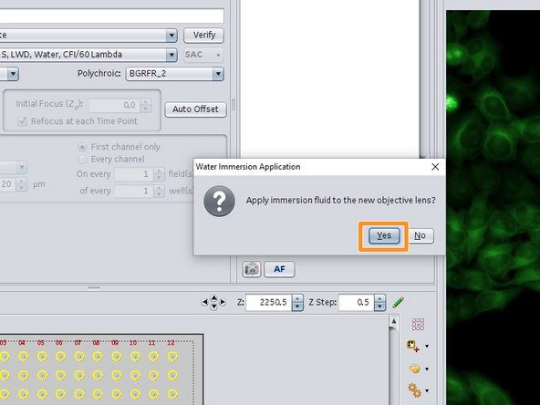 Confirm application of immersion water by clicking &quot;Yes&quot;.