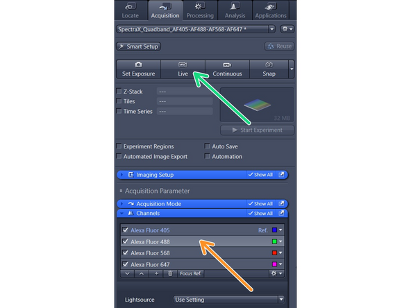Load slide on stage (coverslip faces down towards objective).