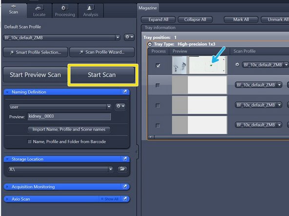 Once all parameters are adjusted  test the adapted scan profile on a small ROI of a representative sample. Note: a small ROI has to be manually defined in the &quot;Tissue Detection Settings&quot; step
