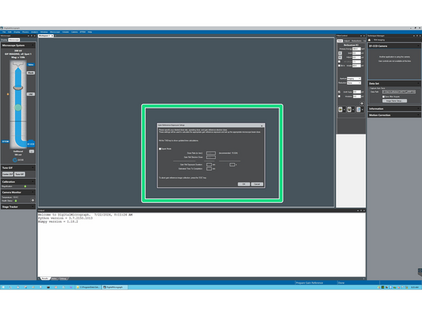 Adjust the beam to appropriate settings: spot size 4; illuminated area ~3.0 um.