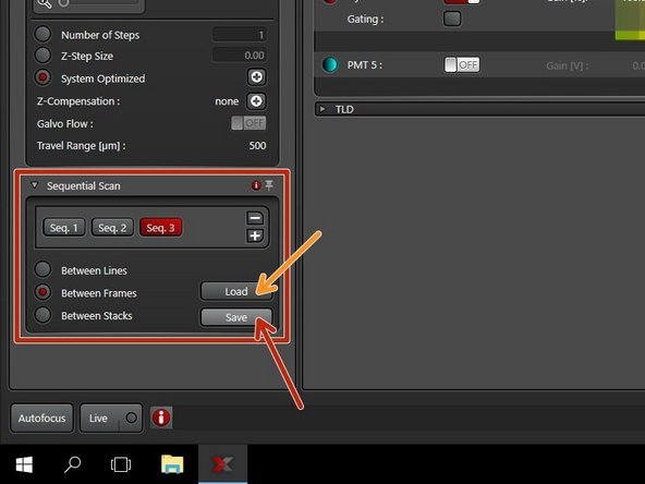 You can save your settings and reuse them by loading them in your next imaging session. By default the following settings will be loaded: laser intensities, detector settings, averaging and accumulation settings.