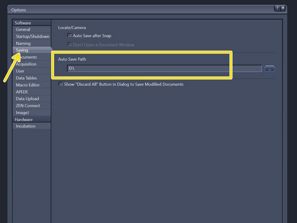 Choose &quot;Saving&quot; and check that the &quot;Auto Save Path&quot; is set to the local Data (D:) drive. If not, please change accordingly.