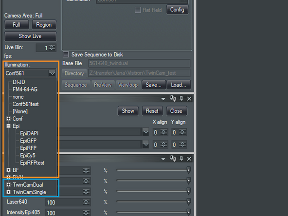 Imaging can be performed either with one camera (CAM1) or with both (CAM1 and CAM2) using the TwinCam module, depending which wavelength setting is chosen.