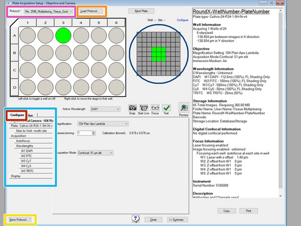 Use the Configure tab to configure a plate acquisition protocol. The Configure tab is organized in a “top-to-bottom” tab structure that runs down the left side to guide you through the process ofsetting up the protocol configuration.
