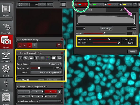 Click on each channel to access the current histogram.