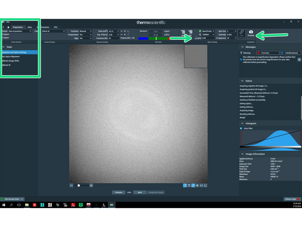 Go to 'Data acquisition' preset, specify defocus value '0' and press 'Preview'.