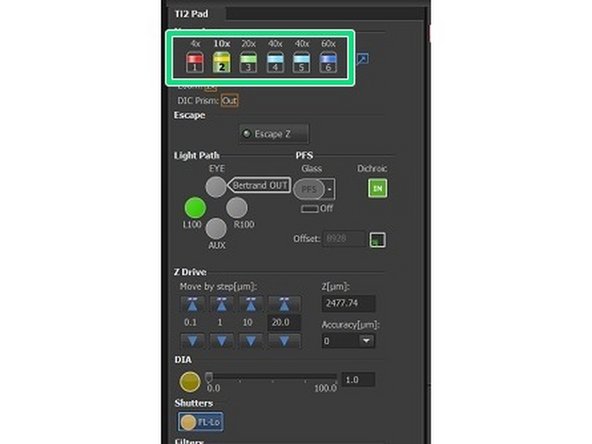 Locate the Ti2 Pad window in the software and choose objective.