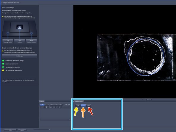 ➔ The button changes to &quot;Stop&quot; ➔ When sample recognition is complete all process steps up to &quot;Sample carrier detection&quot; are highlighted with a green checkmark.