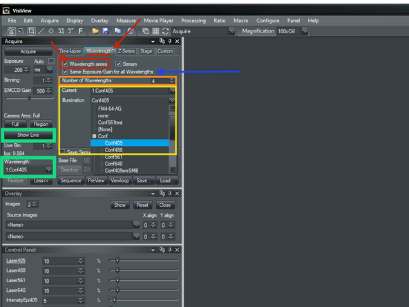 Within the &quot;Acquire&quot; window select &quot;Wavelength&quot; tab and activate &quot;Wavelength Series&quot;. The &quot;*&quot; represents if this series is activated.