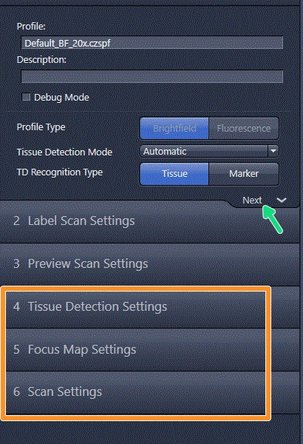 The advanced wizard is composed of 6 steps to adjust scan parameters. Step 1-3 are already optimized for standard slides.