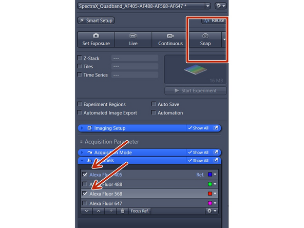 Only channels with ticked boxes will be recorded. Click on &quot;Snap&quot; to take image.