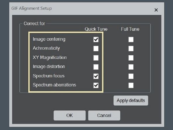 Select, with the tick in the "Quick Tune" column: Image centering, Spectrum focus and Spectrum aberration, click OK.