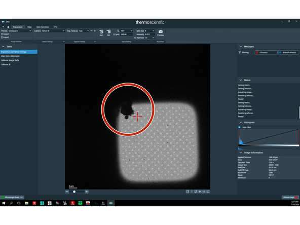 Load your first grid on stage using the microscope user interface (Autoloader tab). Identify an easily recognisable feature that is visible at every magnification you will use during your EPU session (e.g. piece of ice).