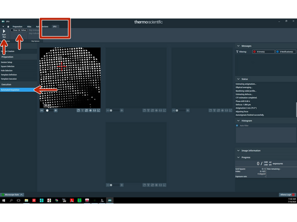 Go to 'EPU' tab and 'Automated acquistion', click 'Close col. valves' in the EPU interface and 'Start run'.