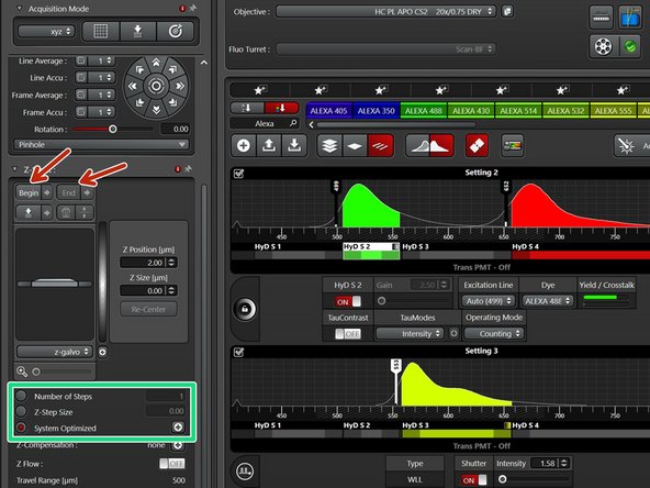 Use the z-drive controller (&quot;Z-Position&quot; on the &quot;control panel&quot; to define the limits with &quot;Begin&quot; and the &quot;End&quot; of your z-stack.