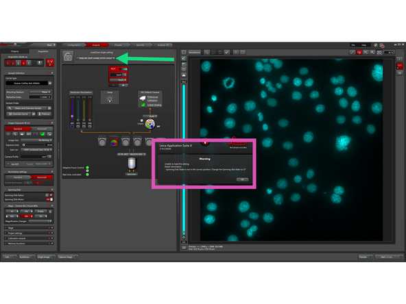 The default settings (SDC) use 80% illumination power and 150 ms exposure time. Depending on the sample, these parameters must be adjusted experimentally.